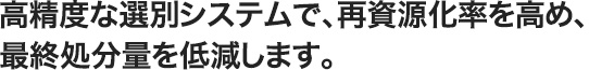 高精度な選別システムで、再資源化率を高め、最終処分量を低減します。